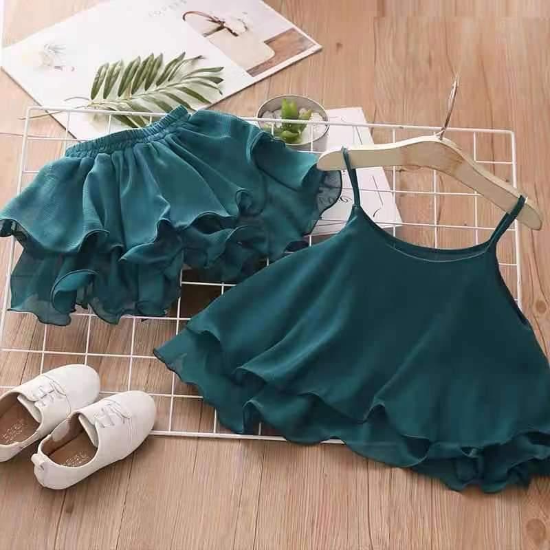 Girl Solid Color Tiered Chiffon Cami Top & Shorts - PrettyKid