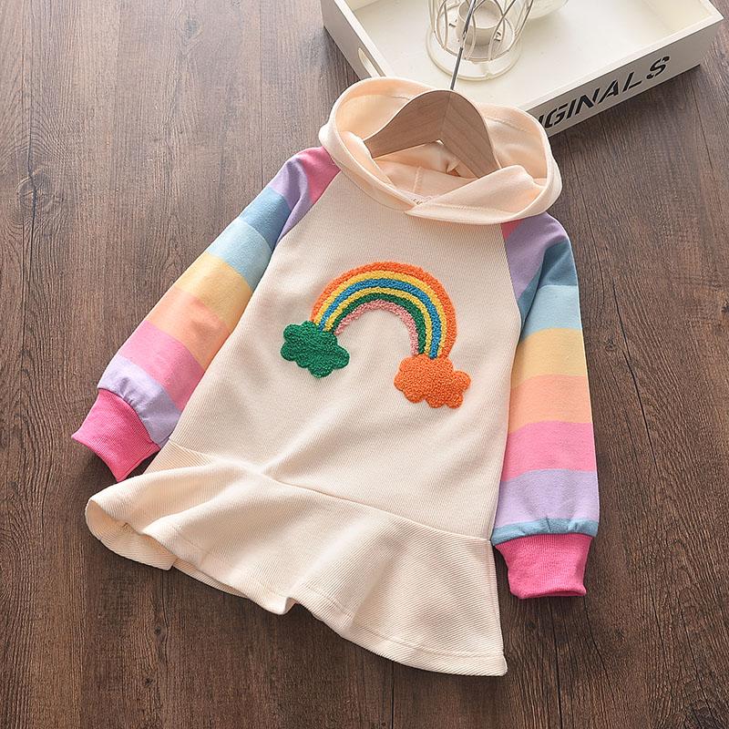 Rainbow Pattern Striped Hooded Dress for Toddler Girl - PrettyKid