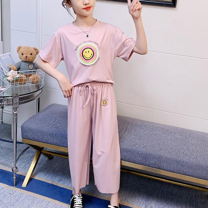 Girl Smiley Pattern T-shirt & Loose Ninth Pants - PrettyKid