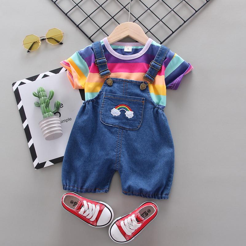 Toddler Girl Rainbow Striped T-shirt & Wing Decor Overalls Children's Clothing - PrettyKid