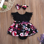 0-12M Baby Girls Flutter Sleeve Flower Print Bodysuit & Headband Wholesale Baby Onesies - PrettyKid