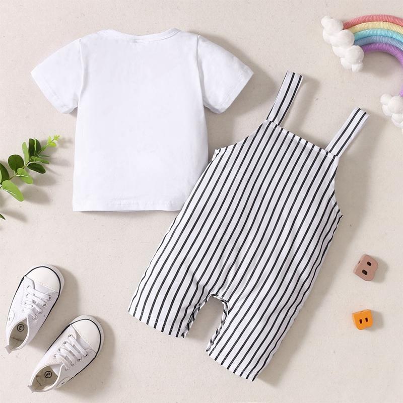 Baby Boy Bow Tie Decor T-shirt & Cartoon Cat Pattern Striped Overalls - PrettyKid