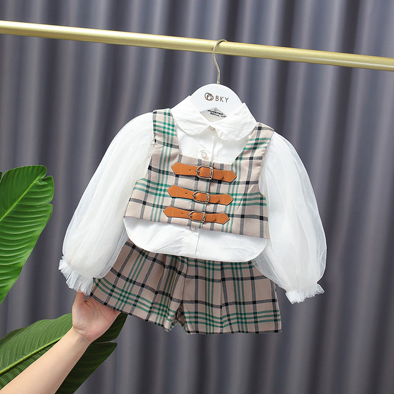9months-6years Toddler Girl Sets Mesh Sleeve Shirt & Plaid Vest & Shorts Three-Piece Set Children's Trendy Suit Wholesale - PrettyKid