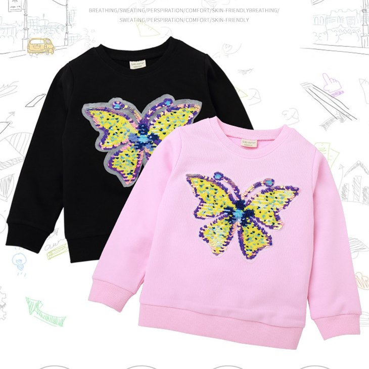 Toddler Kids Girls Solid Butterfly Bead Round Neck Sweater - PrettyKid