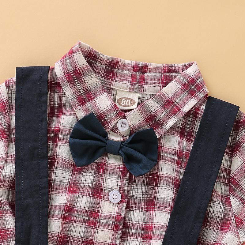 2-Piece Plaid Bownot Decoration Babysuit and Overalls - PrettyKid