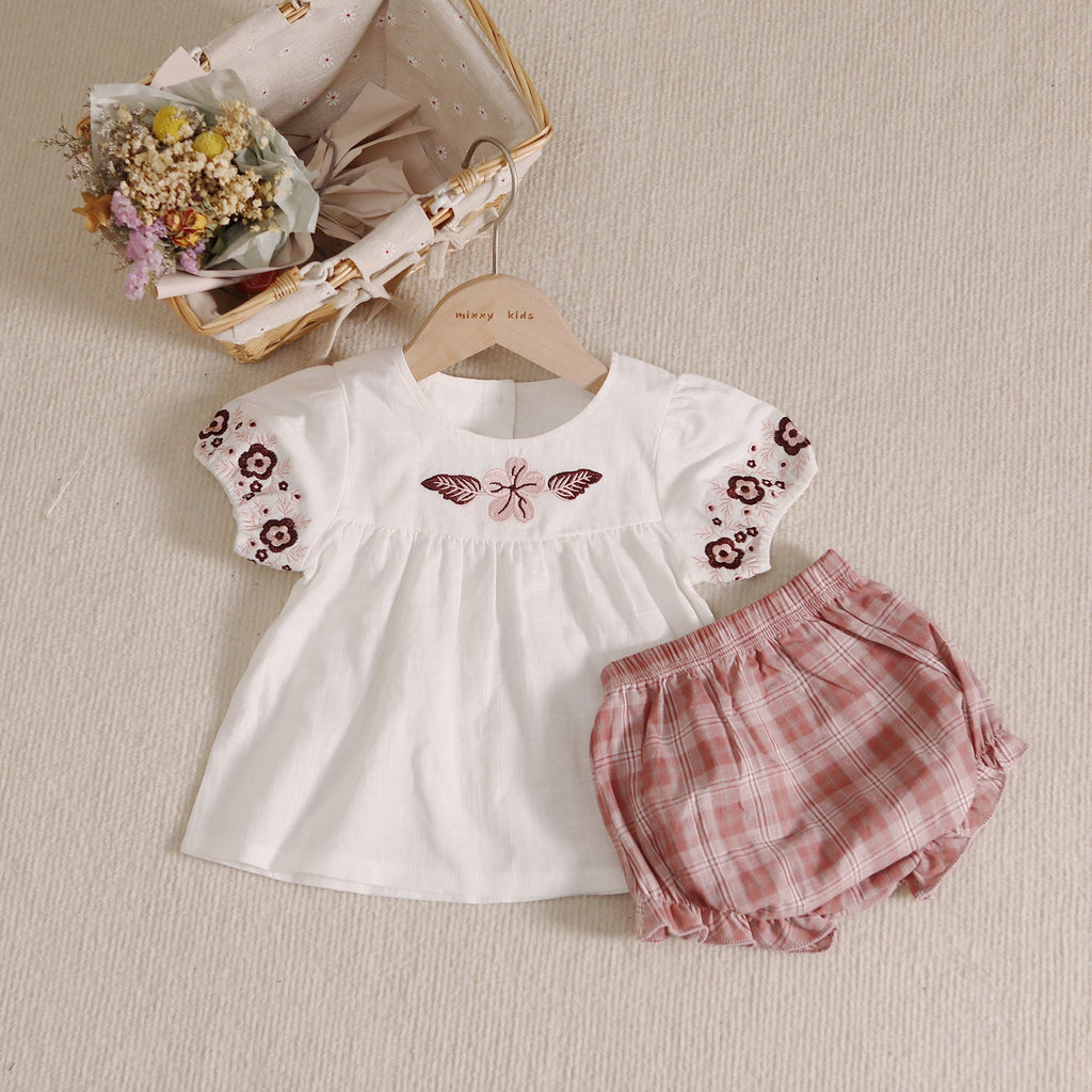 3-24months Baby Sets Children Baby Embroidery Shirt & Plaid Shorts Summer - PrettyKid