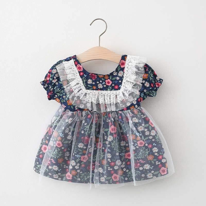 Baby Girl Floral Pattern Summer Mesh Hem Dress - PrettyKid