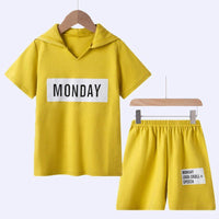 Kid Girl Solid Color Letter Hooded Top & Shorts - PrettyKid