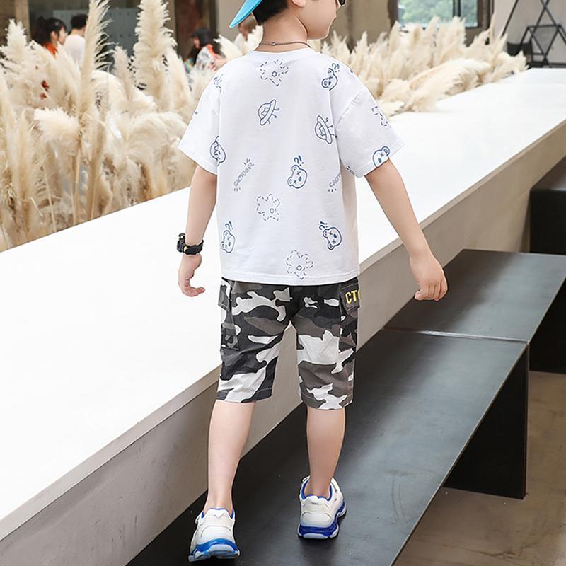 Kid Boy Letter Cartoon Pattern Top & Camouflage Shorts - PrettyKid