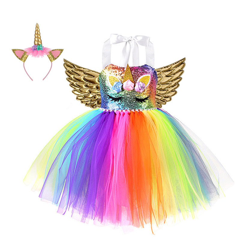 18M-10Y Kid Girls Sequin Unicorn Wings Rainbow Tutu Dresses & Headband Wholesale Girls Clothes - PrettyKid