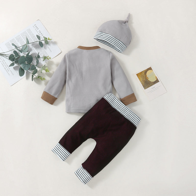 Colorblock Cardigan And Striped Pants And Hat Three Piece Baby Suit - PrettyKid