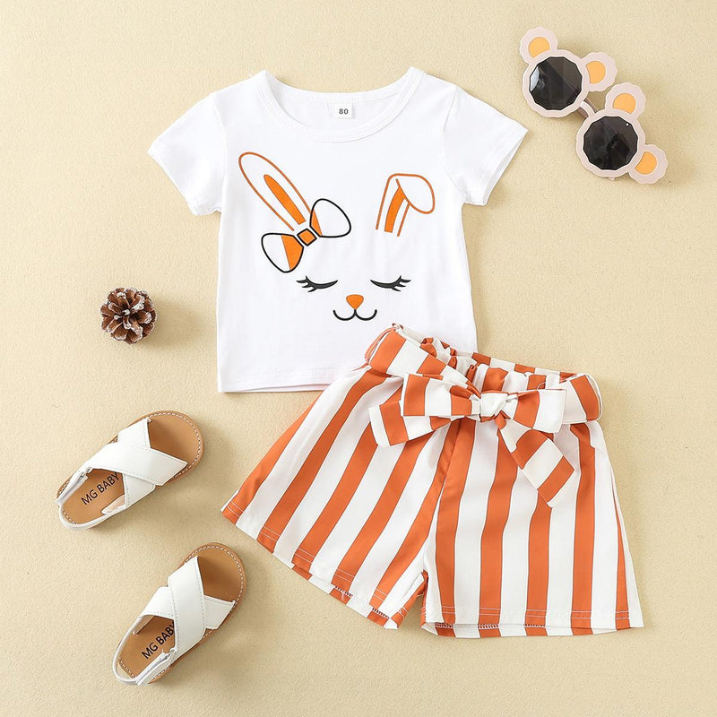 Bunny Print T-Shirt And Striped Shorts Toddler Girl Sets - PrettyKid