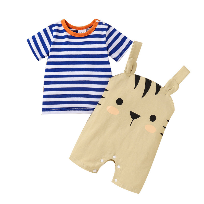 Baby Boy Striped Tee And Cat Overalls Baby Clothes Set - PrettyKid