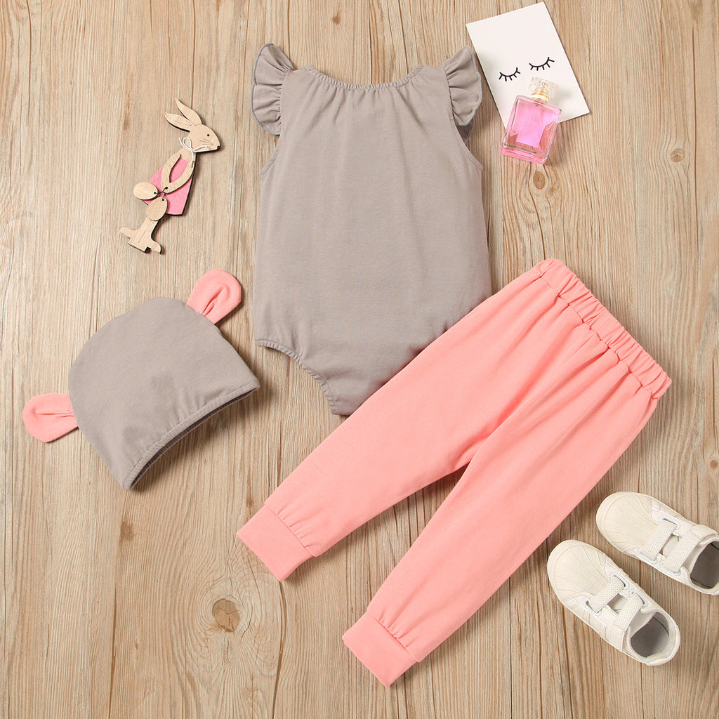Colorblock Jumpsuit And Solid Color Trousers And Koala Hat Three Piece Baby Suit - PrettyKid
