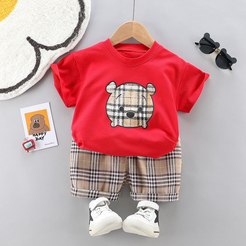 Boys And Girls Teddy Bear Pattern Plaid T-Shirt And Shorts Wholesale Toddler Outfit Sets - PrettyKid