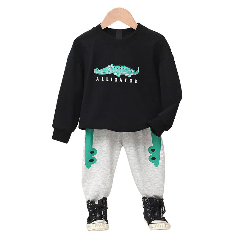 Crocodile Pattern Sweater And Gray Toddler Sweatpants Set 2 Piece - PrettyKid