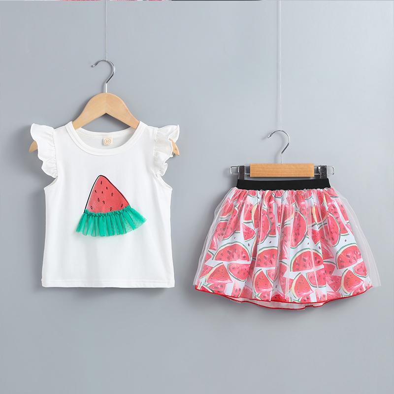 Baby Girls Watermelon Print Top & Watermelon Allover Mesh Skirt - PrettyKid