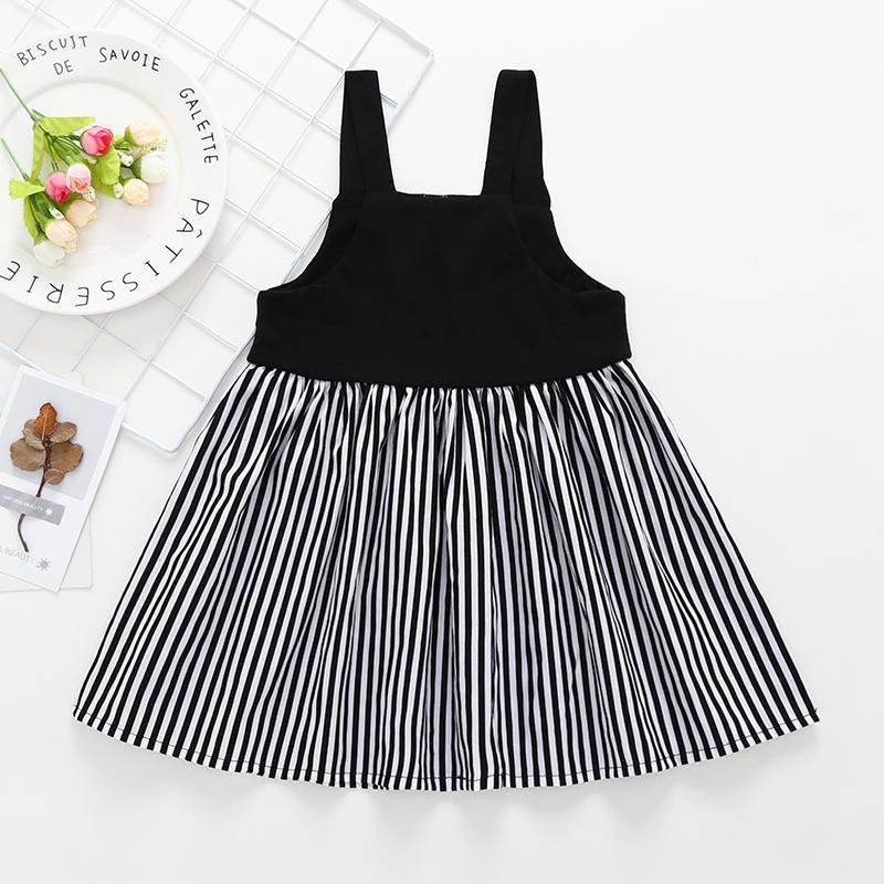 Toddler Girls Cute Cartoon Print Suspender Stripe Splice Dress - PrettyKid