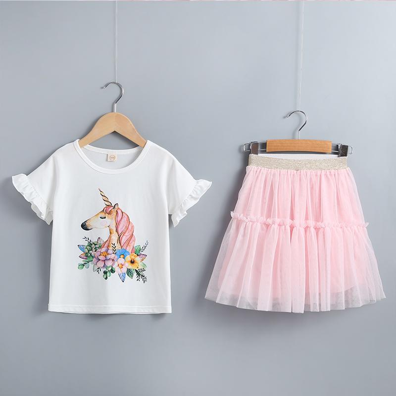 Toddler Girl Cartoon Unicorn Print Lace Top & Solid Color Mesh Skirt - PrettyKid