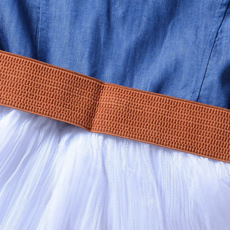 Fashionable Short Sleeve Denim Bow Belt Princess Mesh Skirt - PrettyKid