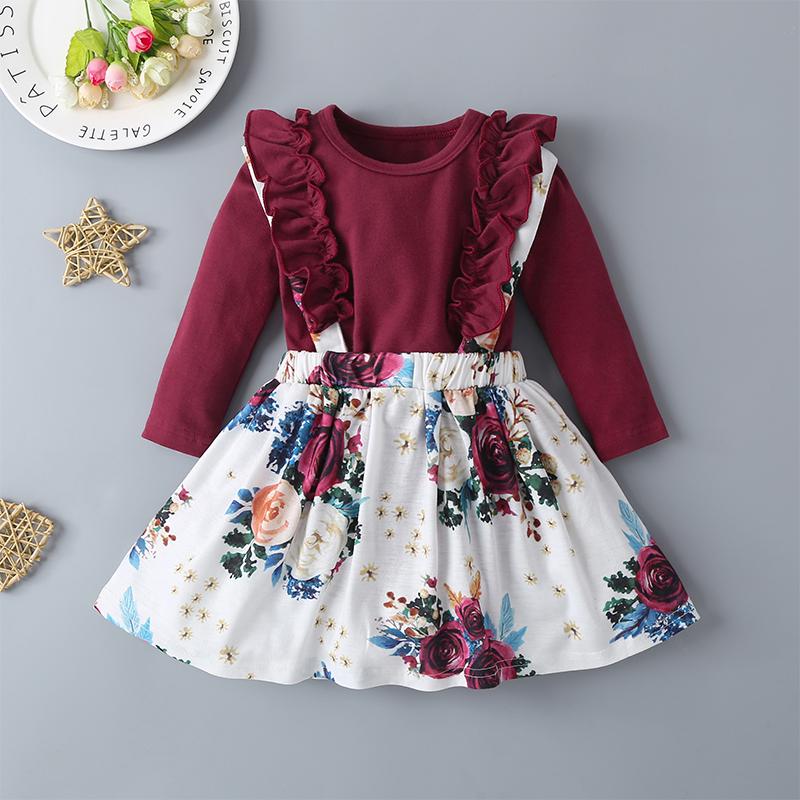 Baby Girls Long Sleeve Top & Floral Allover Print Suspender Skirt - PrettyKid