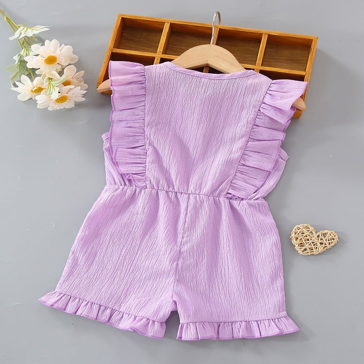 3-7Y Toddler Girls Purple Ruffle Trim Half-Button Romper Wholesale Little Girl Clothing - PrettyKid