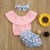 Baby Girl Ruffle Collar Top & Flamingo Print Layered Shorts & Headband - PrettyKid