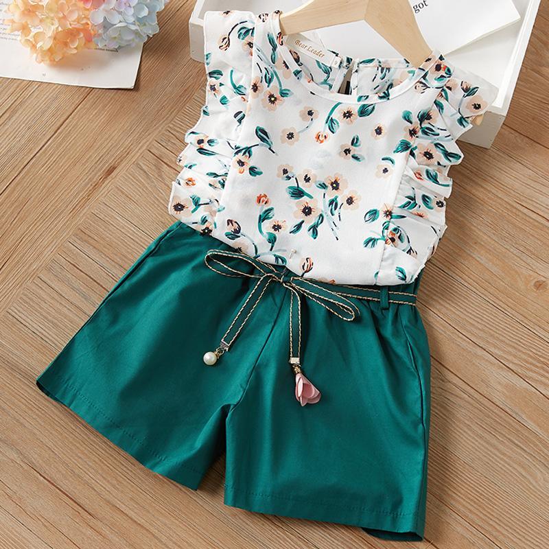 2-Piece Floral Ruffled Top and Solid Belted Shorts - PrettyKid