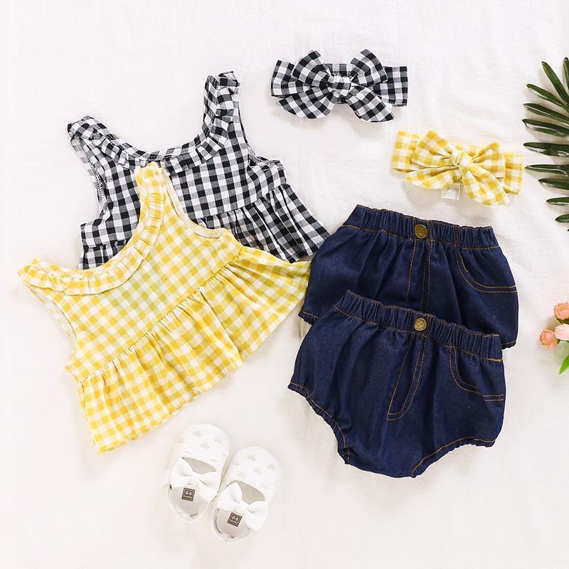 3-piece Plaid Tops & Short & Headband for Baby Girl Children's Clothing - PrettyKid