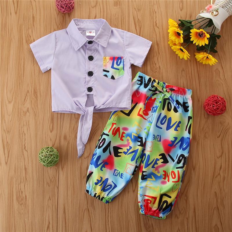 Toddler Girl Hem Tie Shirt & Letter Print Pants - PrettyKid