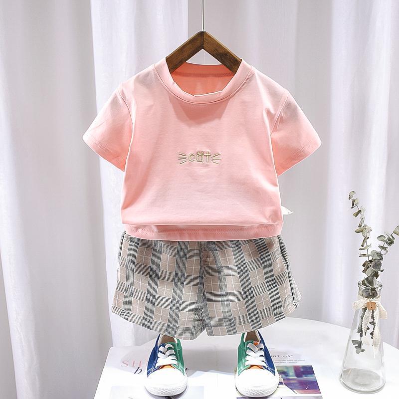 Toddler Girl Cat Embroidery Top & Plaid Shorts - PrettyKid