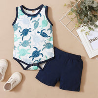 New Born Baby Boy Turtle Print Bodysuit & Solid Color Shorts - PrettyKid