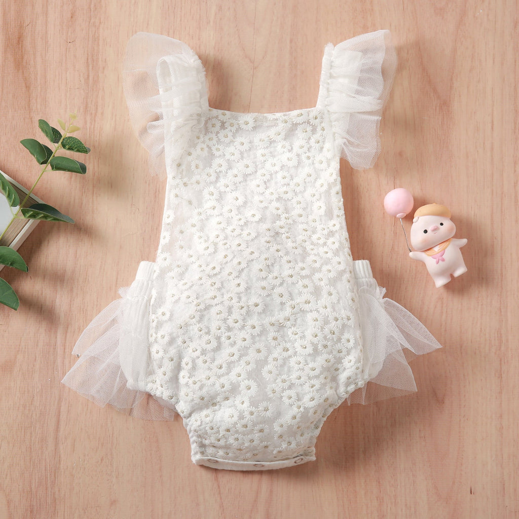 0-18M Baby Girls Bodysuits Daisy Mesh Flutter Sleeve Wholesale Baby Onesies - PrettyKid
