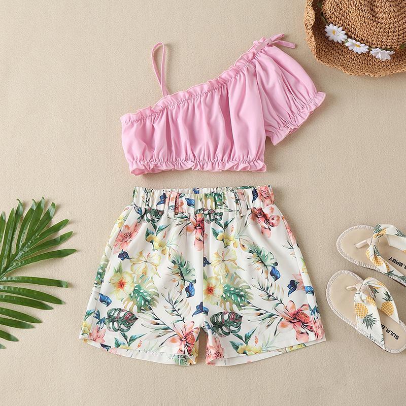 Toddler Girl Slanted Shoulder Top & Flower Shorts Wholesale Children's Clothing - PrettyKid