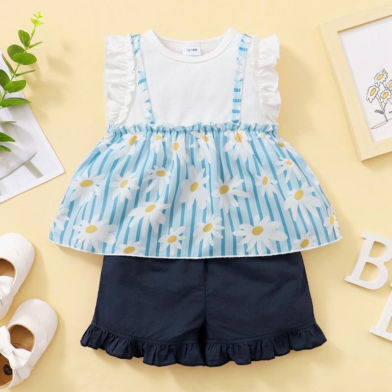 Toddler Girl Ruffle Trim Sleeveless Daisy Print Top & Shorts - PrettyKid