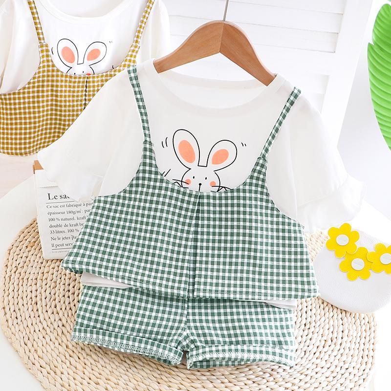 Rabbit Printed Plaid T-shirt & Plaid Shorts Set - PrettyKid