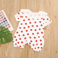 Baby Girl Hollow Petal Collar Strawberry Print Romper - PrettyKid