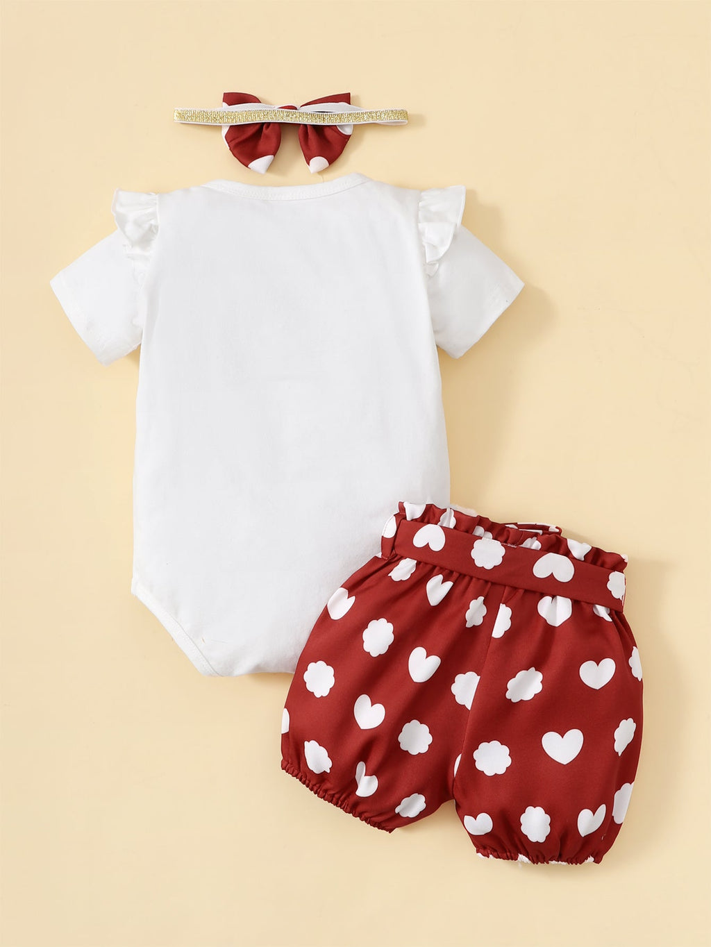 Baby Girl Letter & Heart Bodysuit And Shorts With Headband Baby Outfit Sets - PrettyKid