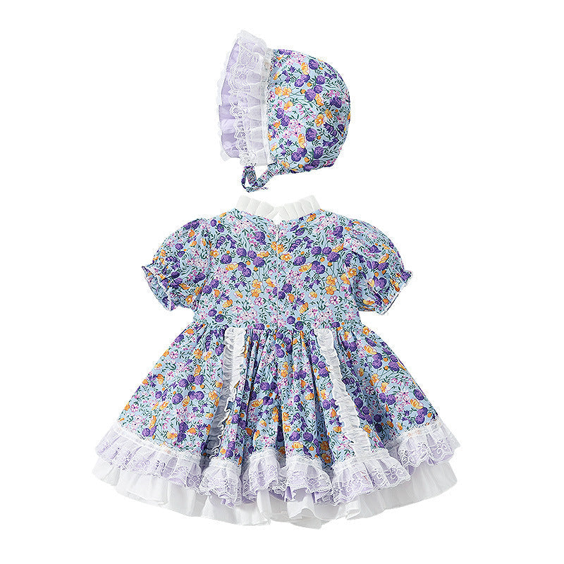 9M-4Y Baby Girl Spanish Dresses Lolita Floral Bow Colorblock Puff Sleeve Hat Wholesale Baby Clothes - PrettyKid