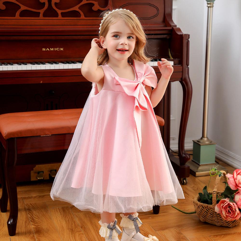 9M-5Y Toddler Girls Formal Dresses Large Bow Solid Color Sleeveless Mesh Wholesale Toddler Clothing - PrettyKid