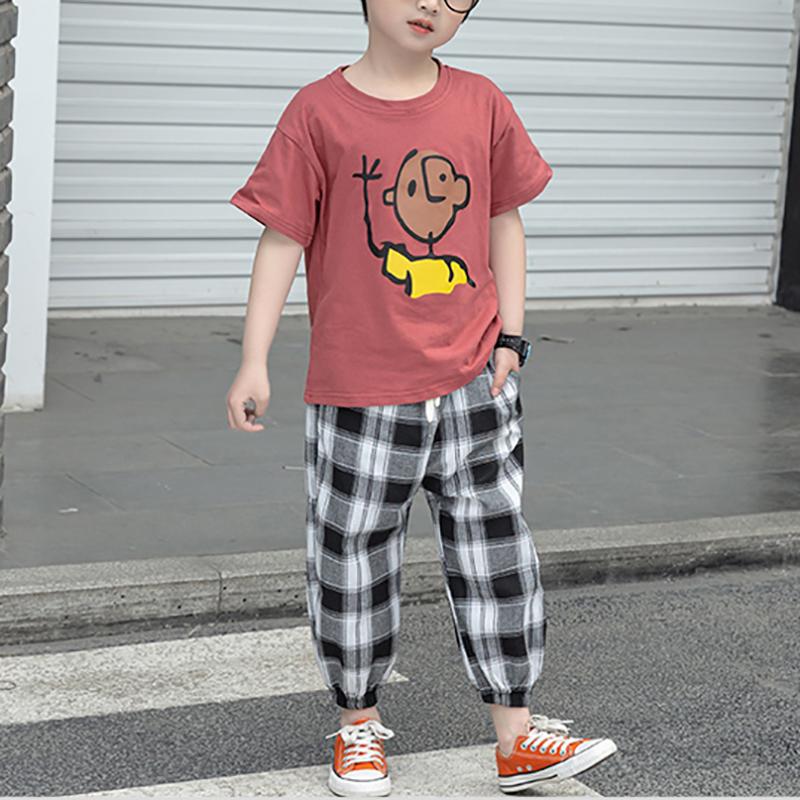 Boy Character Pattern Short Sleeves & Check Pants Children's Clothing - PrettyKid