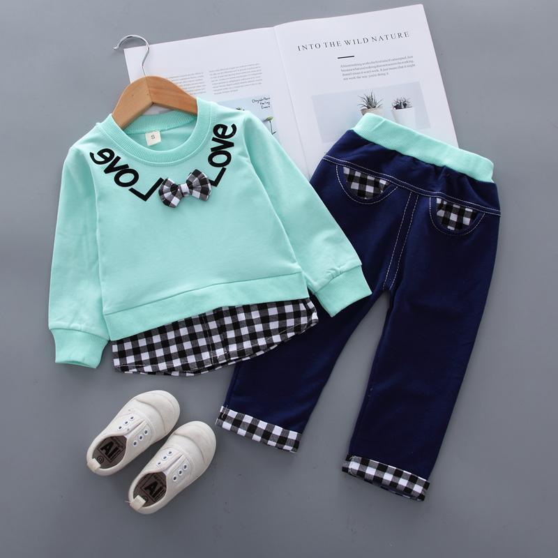 2pcs Fashion Color-block Plaid Love Print Pullover and Pants Children's Clothing - PrettyKid