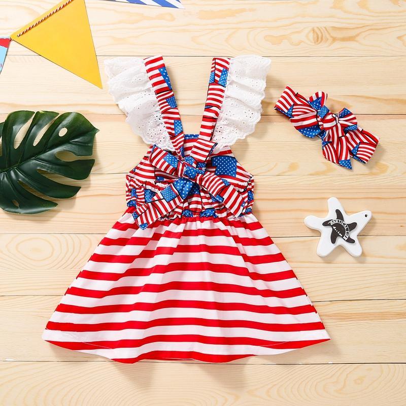 Baby Girl Independence Day Striped Ruffle Armhole Dress & Headband - PrettyKid