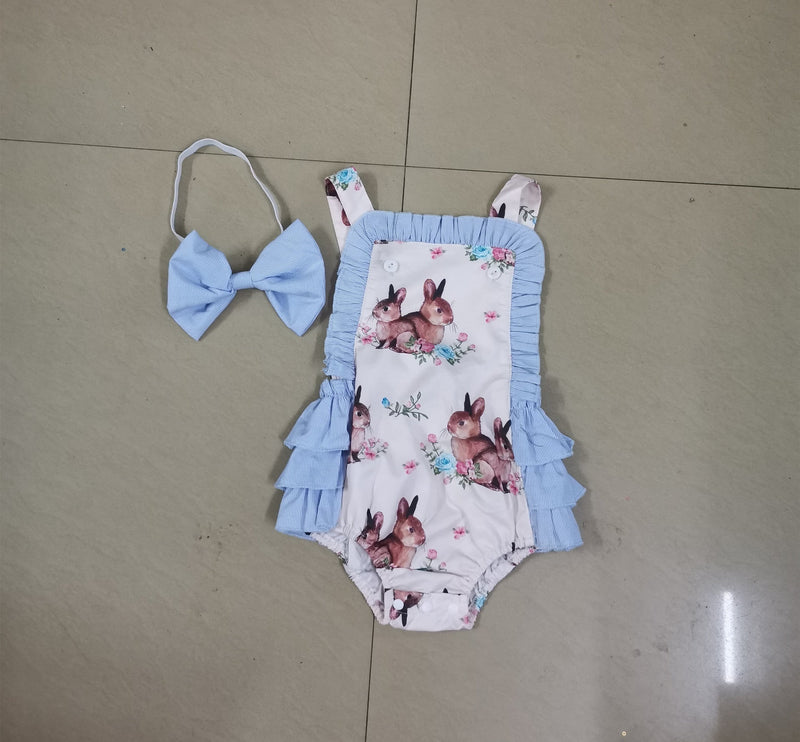 0-18M Baby Girls Bunny Print Ruffle Trim Bodysuit & Headband Wholesale Baby Onesies - PrettyKid