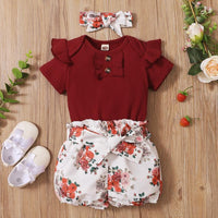 Baby Girl Ruffle Romper & Floral Shorts & Floral Headband - PrettyKid