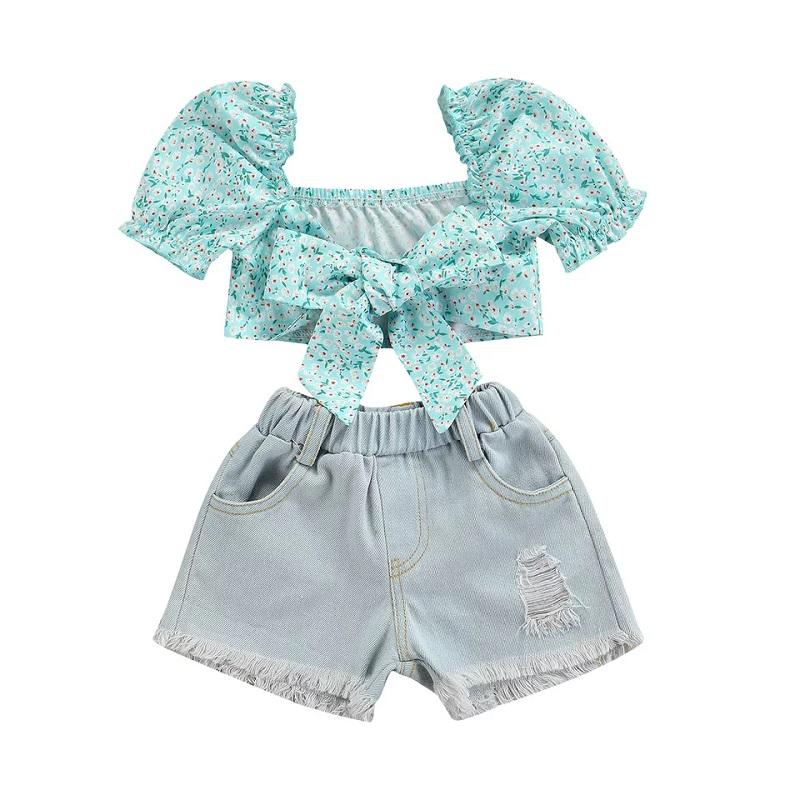Toddler Girl Bow Decor Floral Top & Ripped Denim Shorts - PrettyKid