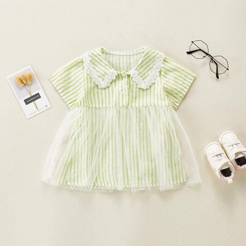 Baby Girl Color Stripes Lace Collar Mesh Hem Dress - PrettyKid