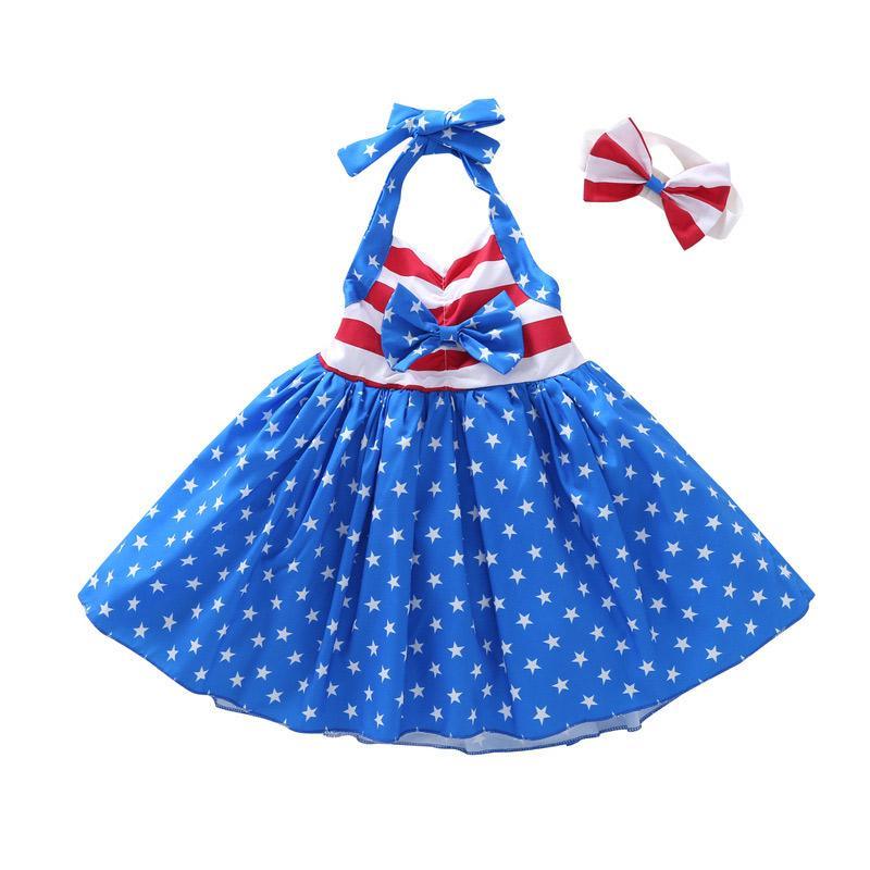 Baby Girl Independence Day Sling Dress & Bowknot Headband - PrettyKid