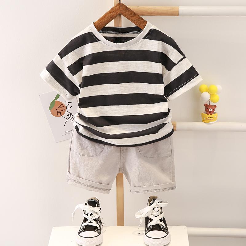 2-piece Solid Strip Short-sleeve Top and Shorts for Children - PrettyKid