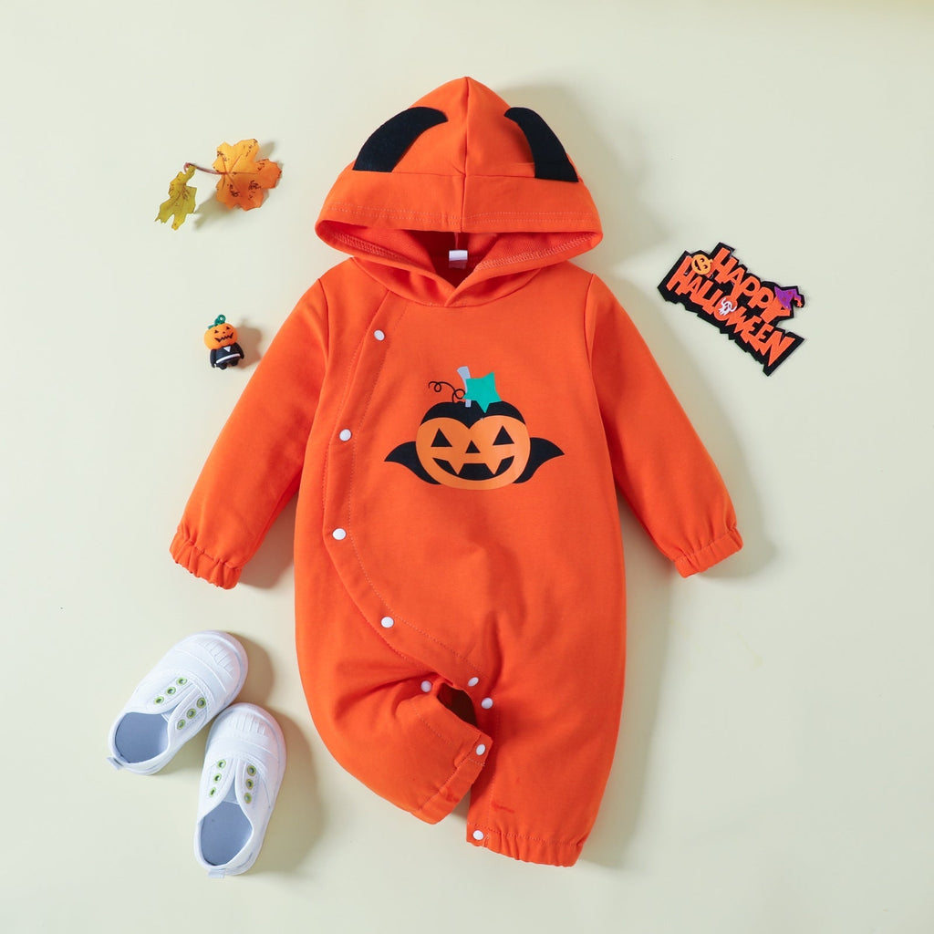 3-24M Halloween Organge Pumpkin Print Button Onesies Romper Jumpsuit With Hat Baby Wholesale Clothing - PrettyKid